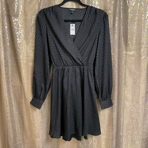 Express black silky long sleeve wrap mini dress, Small NWT